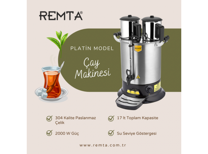 Remta Platin Model Çift Demlikli Çay Makinesi 17 lt (Demlik Dahil) - PT14