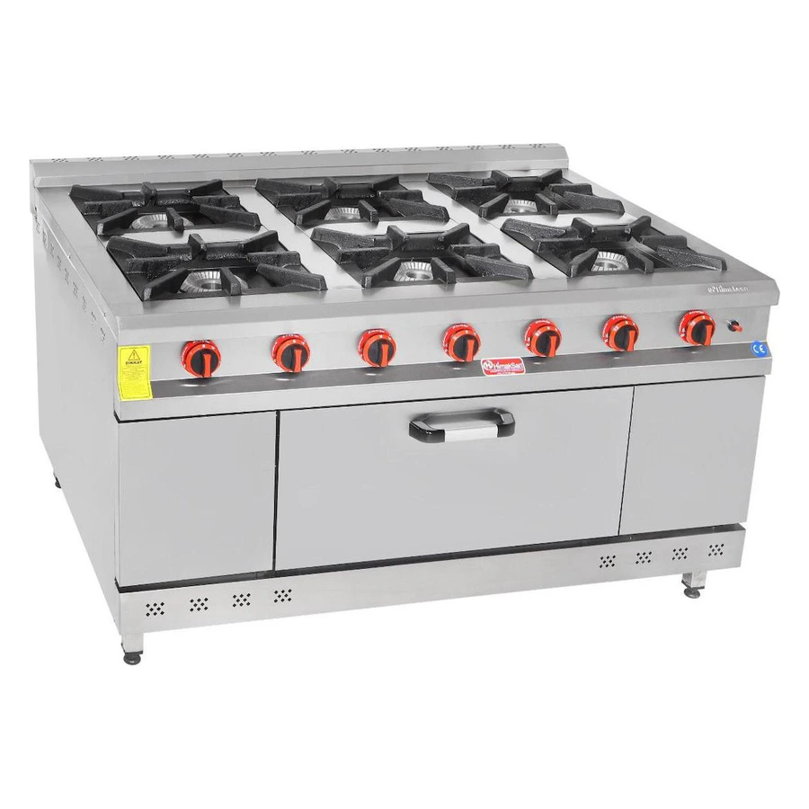 Himaksan HMK-KZG 1510 doğalgazlı 6 gözlü kuzine, geniş pik döküm ızgara ve alt fırın