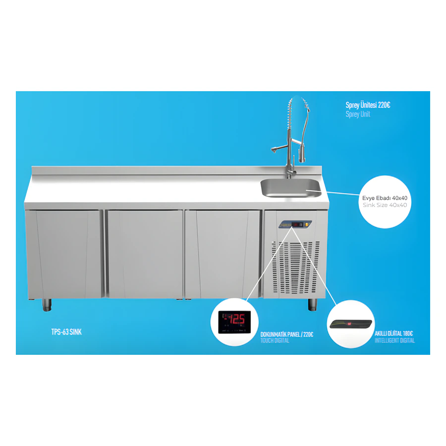 İndustrio TPS-62 SINK evye entegre paslanmaz tezgah tipi buzdolabı