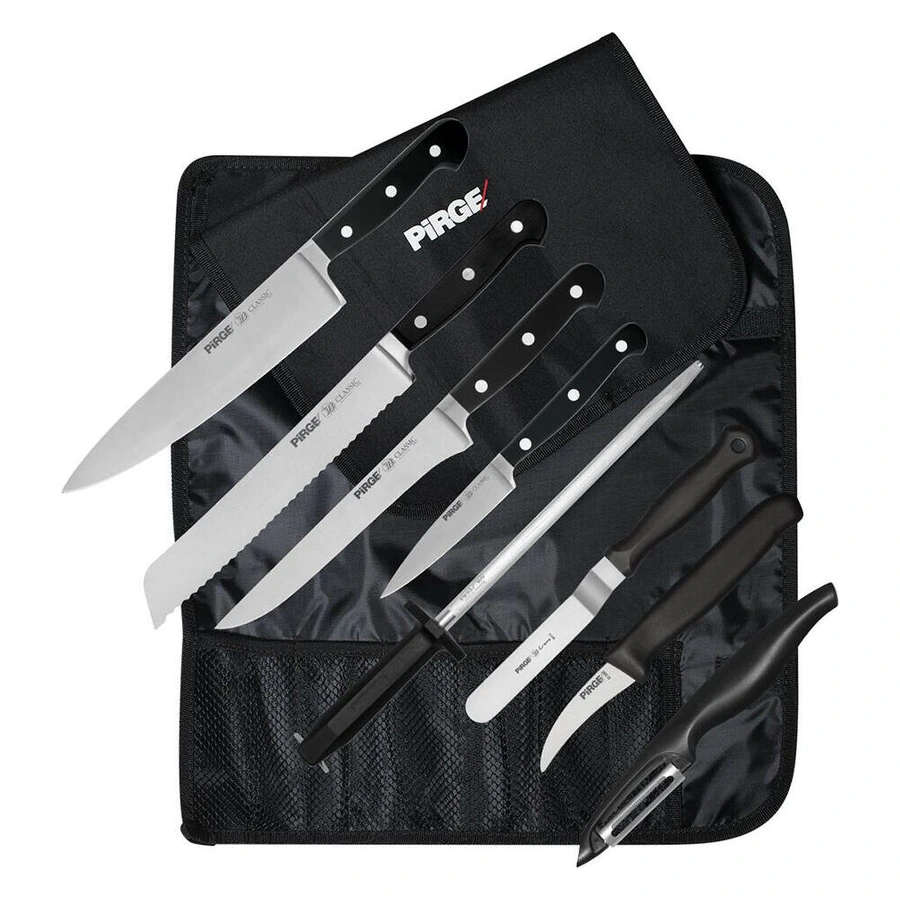 Pirge Classic 35251 çantalı 9 parça şef bıçak seti, rulo çanta içinde bıçaklar, palet ve masat