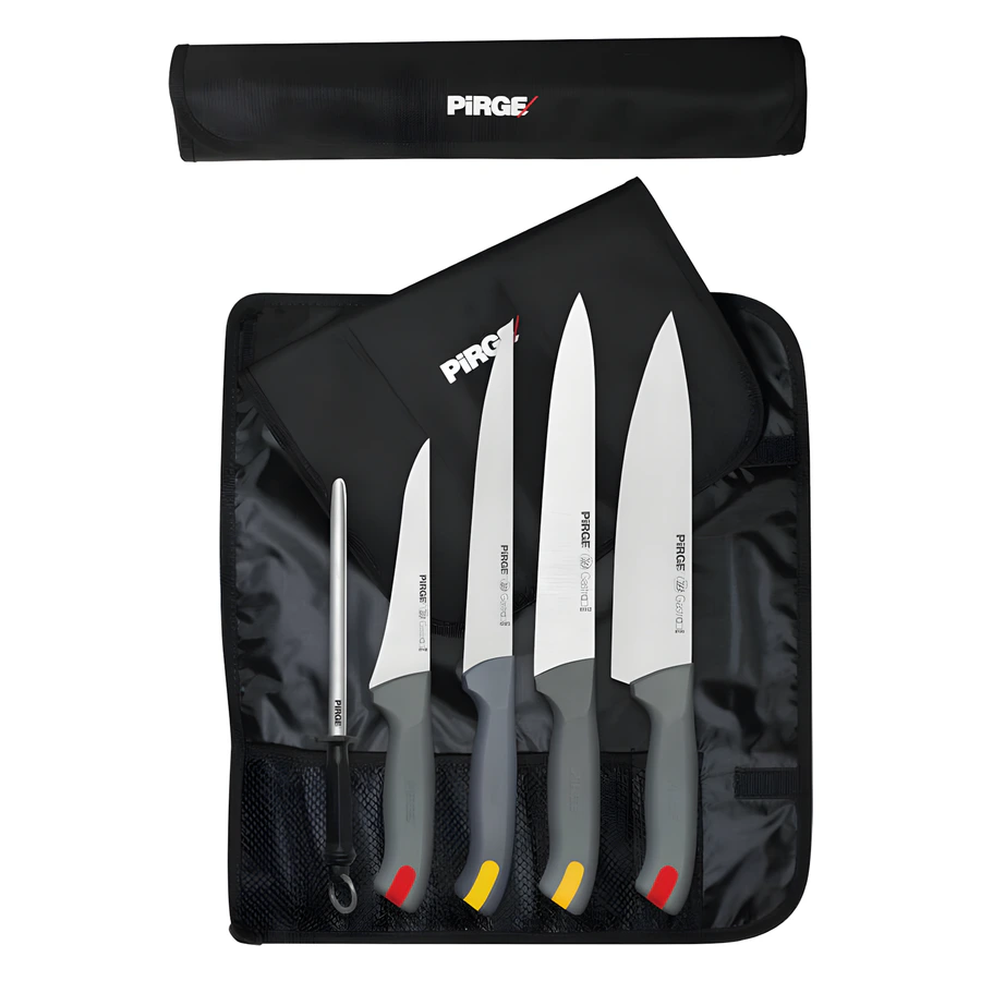 Pirge Gastro 35198 çantalı 5'li bıçak seti, şef, peynir, dilimleme ve sıyırma bıçakları ile masat