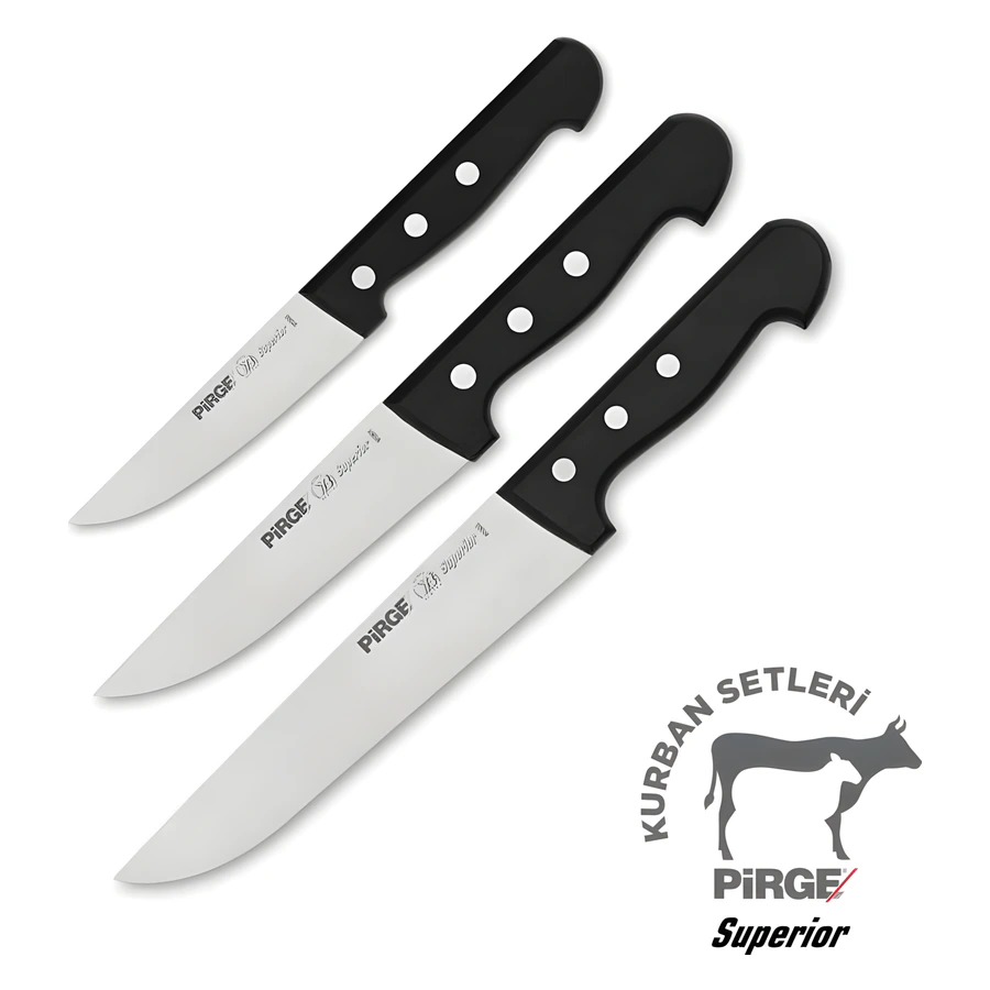 Pirge Superior 35185 kurban bıçak seti 3'lü, üç farklı boyda perçinli saplı kasap bıçağı