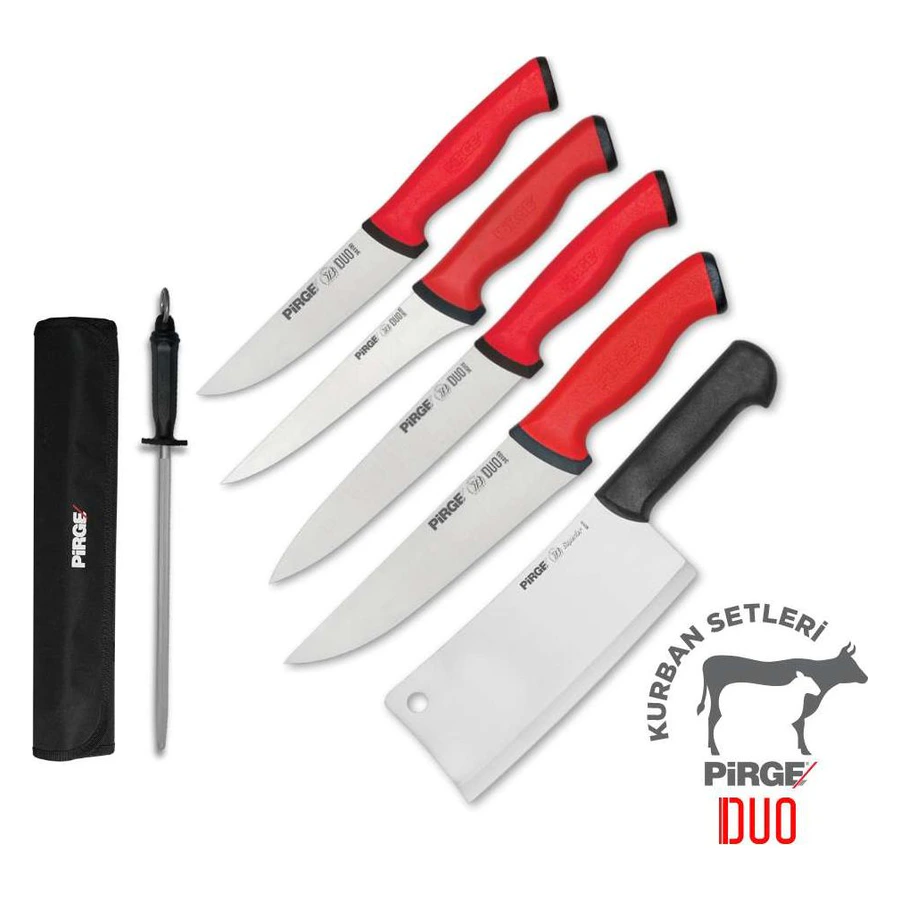 Pirge Duo 35189 profesyonel kurban bıçak seti 6'lı, bıçaklar, satır, masat ve rulo çanta