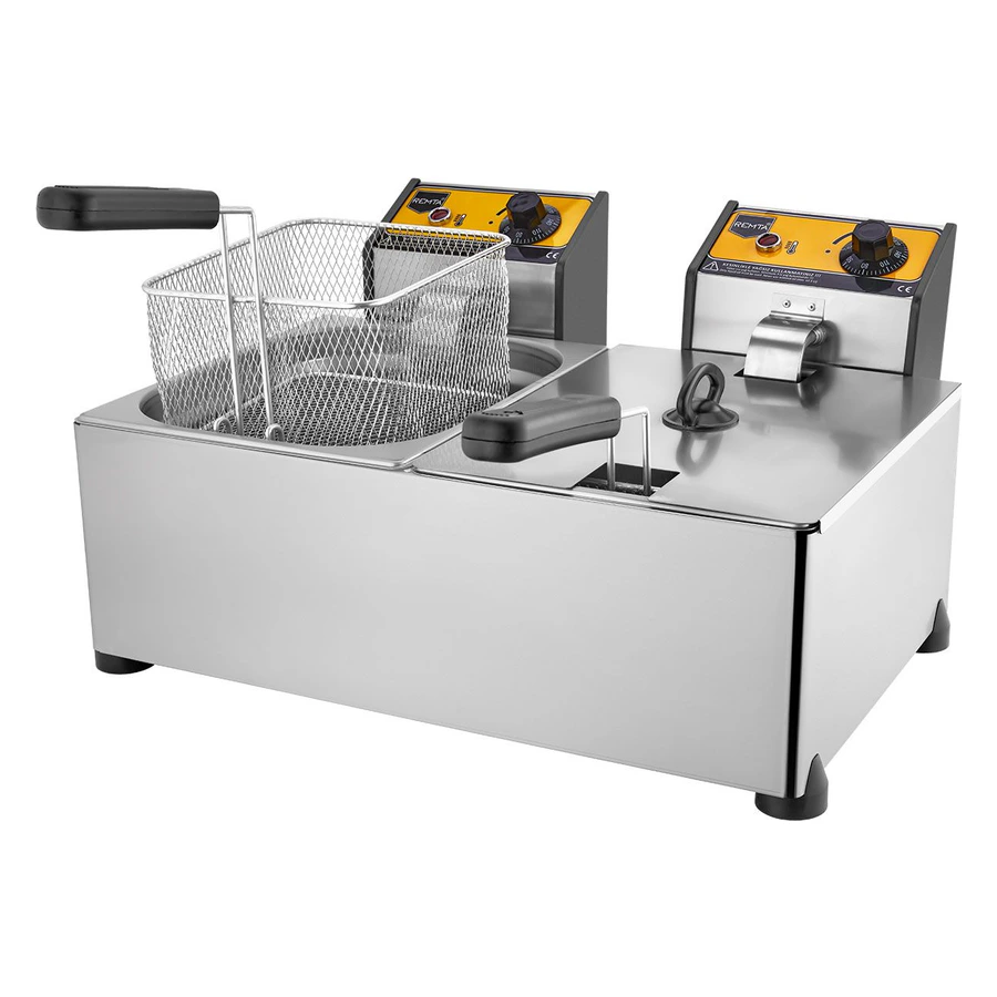 Remta R93 5+5 litre çiftli elektrikli fritöz, iki çelik hazne ve tutacaklı sepetler