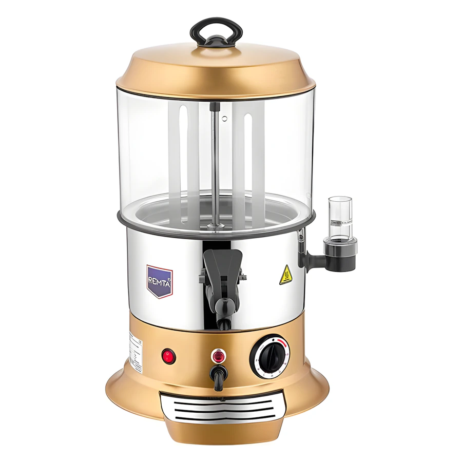 Remta CS8 gold 9 litre sahlep ve sıcak çikolata ısıtıcı, altın tonlu gövde ve şeffaf hazne