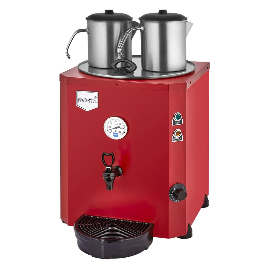 Remta DE11 Jumbo kırmızı 2 demlikli 23 litre çay makinesi, paslanmaz demlikler ve musluk