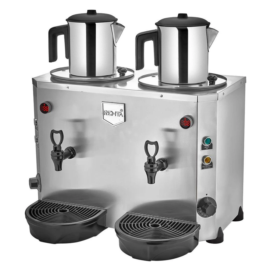 Remta DE15 çift demlikli Jumbo çay makinesi, bağımsız 9+9 litre iki kazan ve paslanmaz demlikler