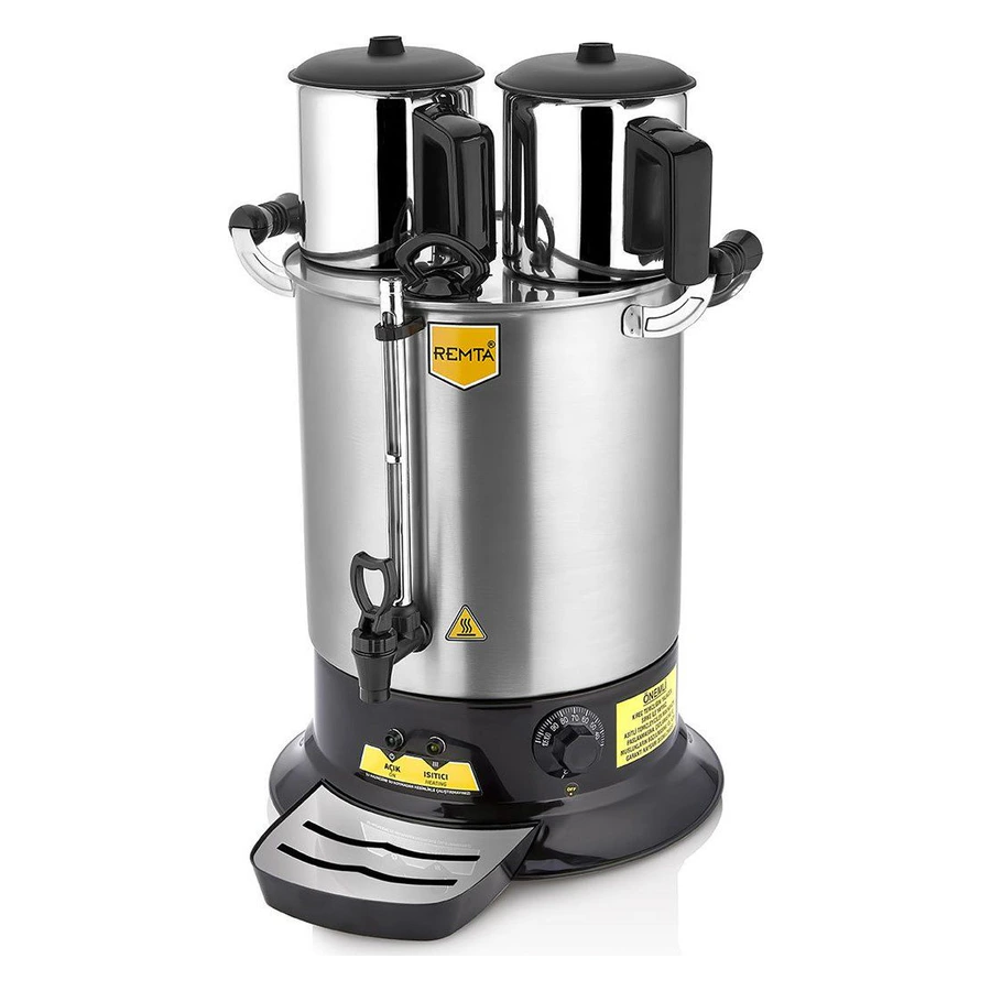 Remta PT14 Platin model çift demlikli 17 litre çay makinesi, paslanmaz gövde ve iki demlik