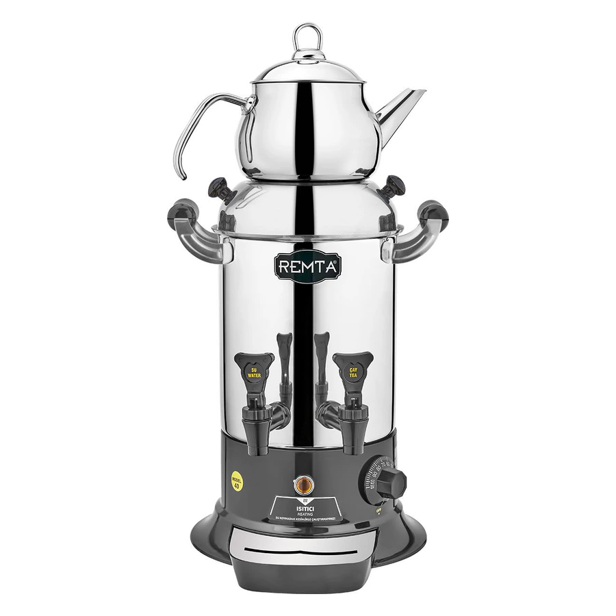 Remta R25 mini çift demlikli 5 litre çay makinesi, paslanmaz gövde ve iki demlik