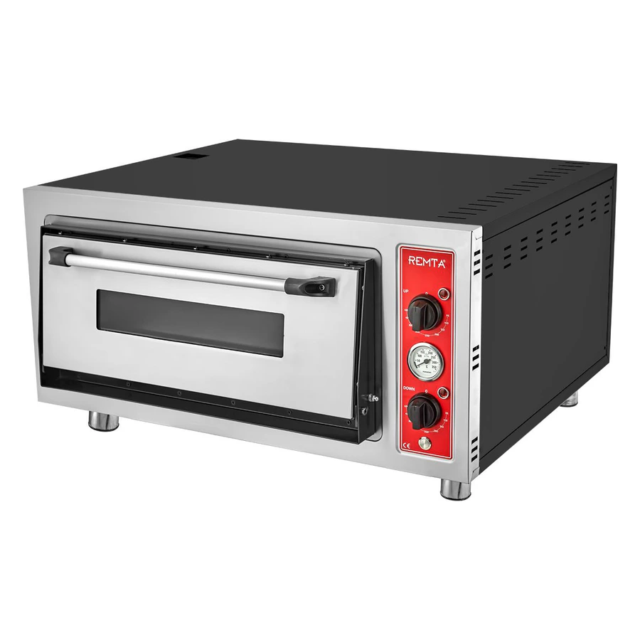 Remta S17 4'lü elektrikli pizza fırını, paslanmaz gövde, analog termometre ve fırın kapağı
