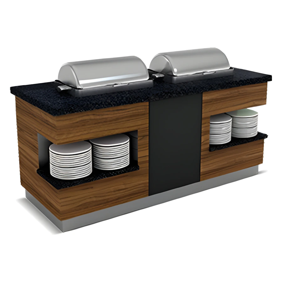 Sümela reşolu chafing dish sıcak servis ünitesi, granit tablalı ahşap kaplamalı