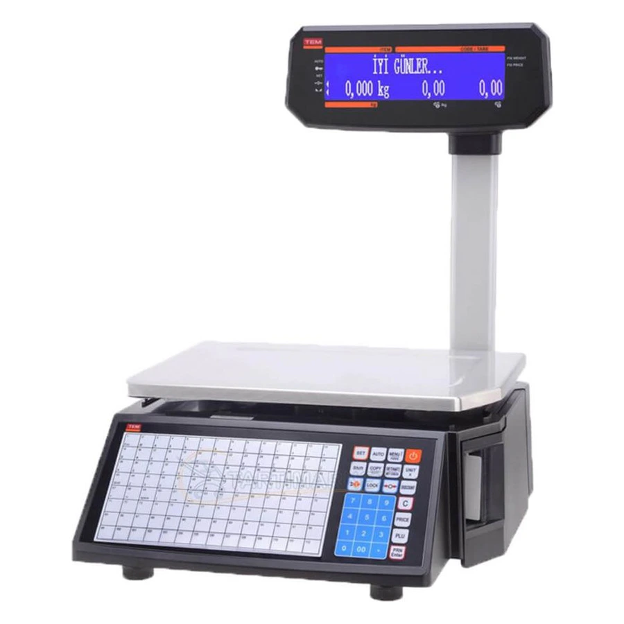 TEM RLS 1100 barkodlu terazi, renkli LCD müşteri göstergesi ve etiket yazıcı